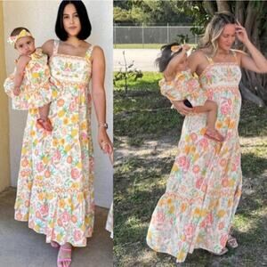 Rachel Zoe Womens Floral Tiered Maxi Dress Pineapple Orange Green Pink Size 12